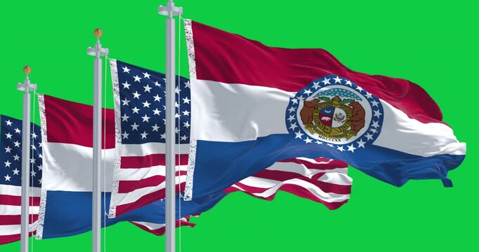 Missouri and the US flags waving in the wind isolated on green background