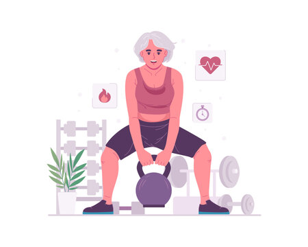 Elderly Woman Doing Kettlebell Workout