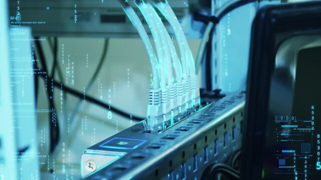 technology digital stream fiber, Close-up of a network switch with glowing Ethernet cables, overlaid with floating binary code and digital interface elements in a teal cybernetic environment.