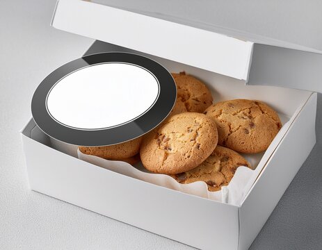 freshly baked cookies packaged in a white bakery box with a transparent window and blank mockup round label