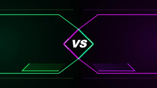 Futuristic versus motion graphics loop with neon green and purple geometric frames on dark.