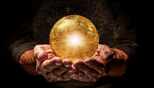 weathered hands cupping a glowing golden energy orb with sparkling particles against a black background