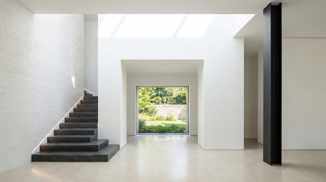 Minimalist modern home interior with dark staircase, white walls, and garden view