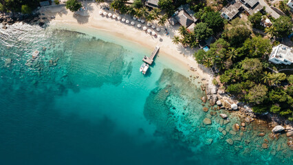 Fototapeta premium Vertical drone view of tropical white sand beach with palm trees and turquoise reef.