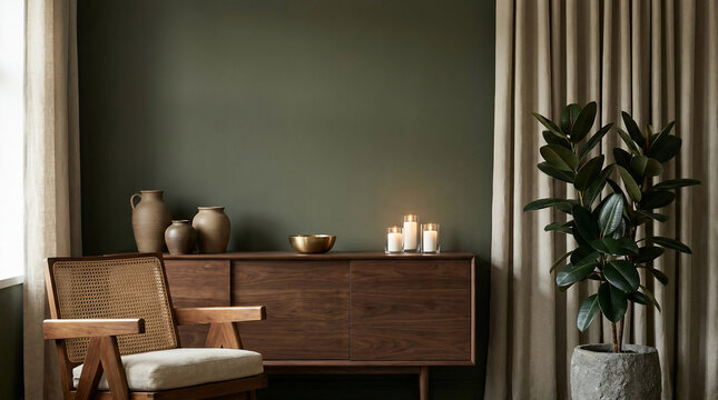 Modern minimalist living room interior with green wall, wooden furniture, and potted plant