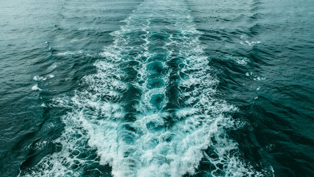 Foamy white water wake behind fast moving boat in deep turquoise sea.