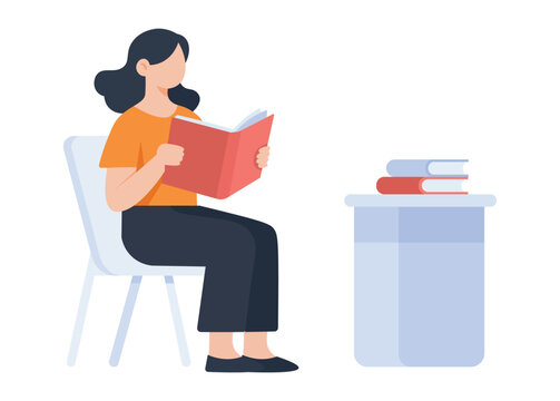 Woman Reading Book While Sitting in Chair Flat Vector Illustration