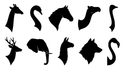 Fototapeta premium Collection of animal head silhouettes including giraffe swan horse camel ostrich deer elephant llama wolf and flamingo isolated on white background for creative design