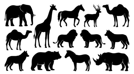 Fototapeta premium Comprehensive set of wild animal silhouettes featuring elephant giraffe horse camel deer lion wolf bear zebra and rhino isolated on white background for branding and design