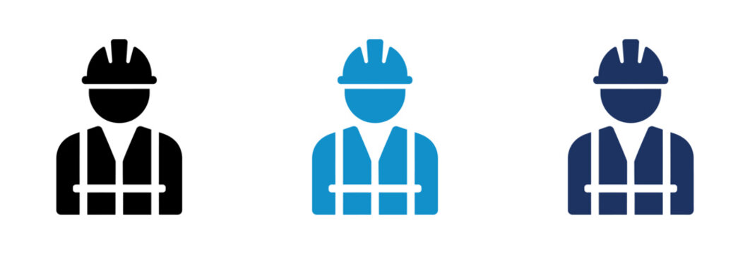 Construction worker icons set with hard hat and safety vest in black and blue colors.