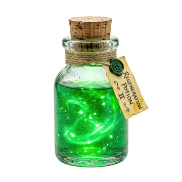 Small glass bottle with glowing green magic potion and a rustic paper label