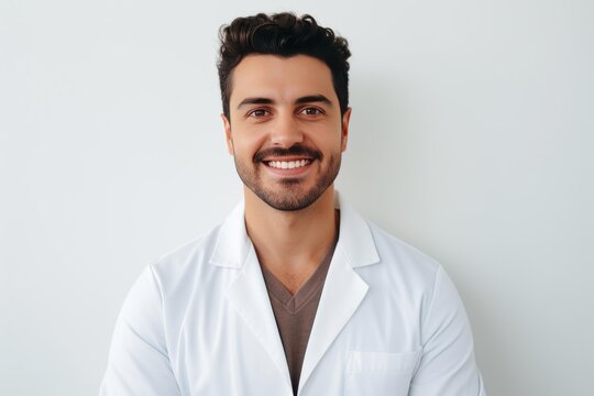 Young man healthcare professional smiling while wearing a white lab coat