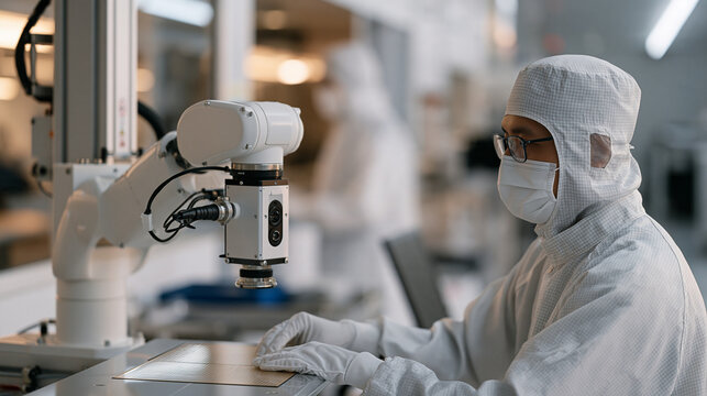 Semiconductor wafer fabrication cleanroom where robotic arm with mounted vision sensor performs surface defect classification, microchip production quality gate, fab technician in