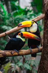 Two colorful toucans perched on a branch in a lush tropical forest, showcasing their vivid beaks © pak