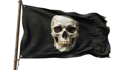 Fototapeta premium A black pirate flag with a human skull waving on a wooden pole