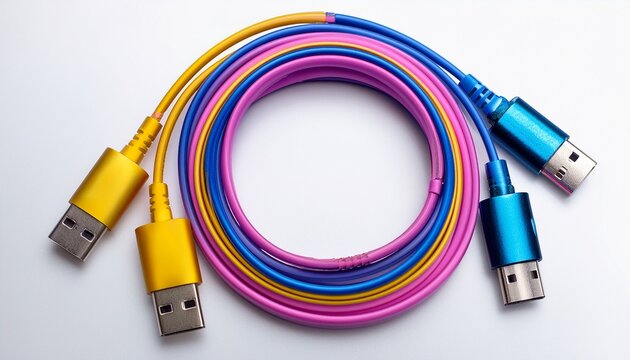 colorful cables for charging and data transfer blue purple pink and yellow usb c cables on white background