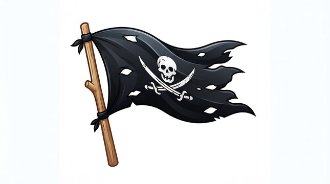 Tattered black pirate flag with skull and crossbones symbol on a wooden pole