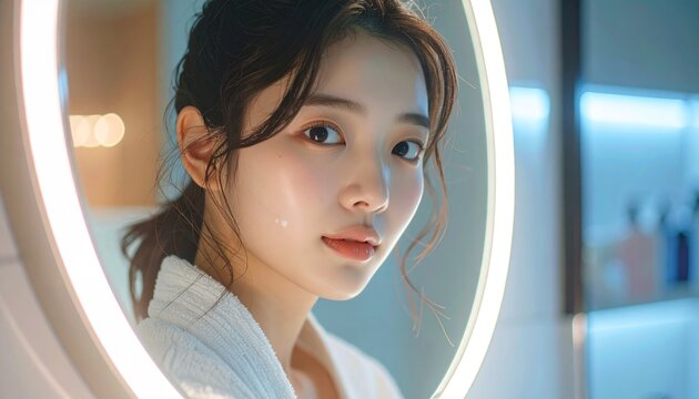 Radiant Asian Womans Beauty Routine in Illuminated Mirror.