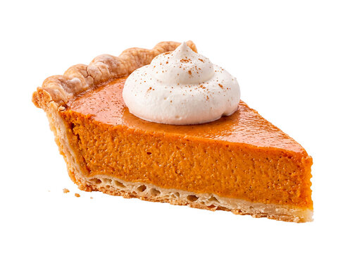 Pumpkin pie slice with whipped cream and spices isolated on transparent background