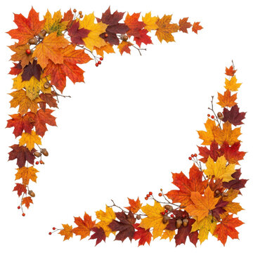 Colorful autumn maple leaves border frame arranged in a corner shape