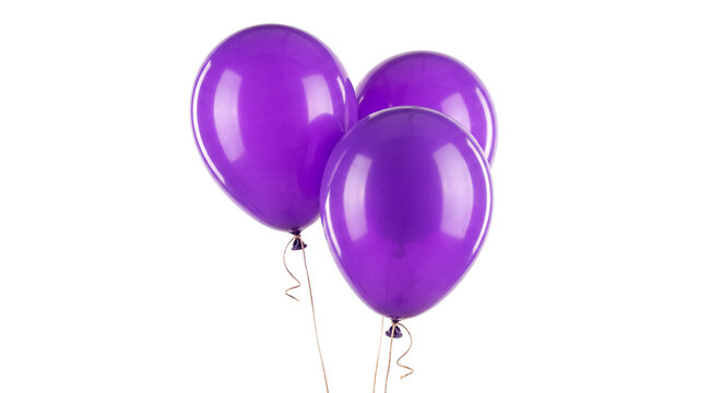 Three glossy purple balloons with curling strings isolated on transparent background