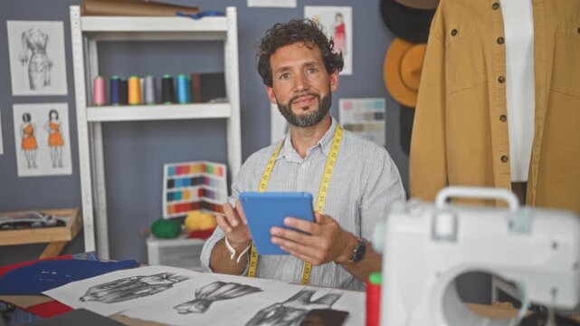 Man designer holding tablet and wearing a tape measure, smiling over fashion sketches on a worktable in a studio; confidence creativity.