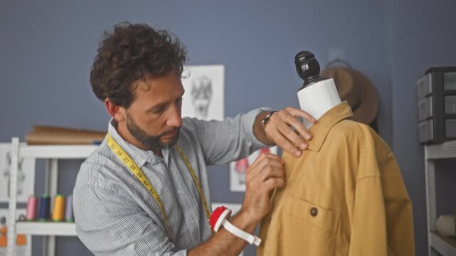 Man with measuring tape and wrist pin cushion adjusts tan jacket collar on mannequin in fashion studio amid sketches and thread spools; craftsmanship precision concentration.