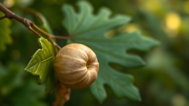 Green oak leaf with oak apple gall, botanical abnormality in nature