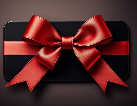 elegant black rectangular promotion tag decorated with a realistic red satin bow ribbon for premium retail shopping discounts and special seasonal event offers