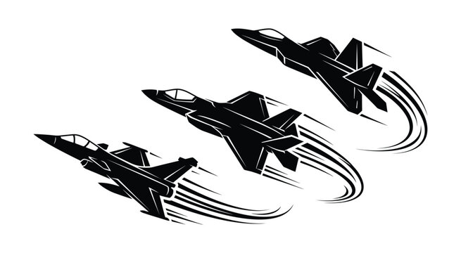 Modern fighter jet silhouette vector set. Black military aircraft flying with dramatic speed effects, representing air force, aviation, combat, defense technology, aerospace, and futuristic aircraft.
