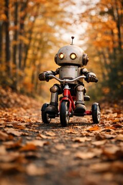Robot rides tricycle through autumn
