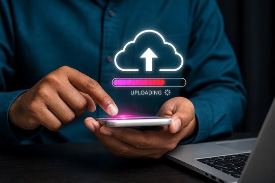 Person using smartphone showing cloud upload progress bar with data transfer icons