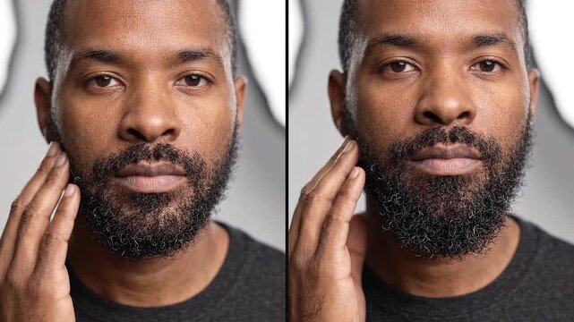 African American man grooming his thick beard mustache in November