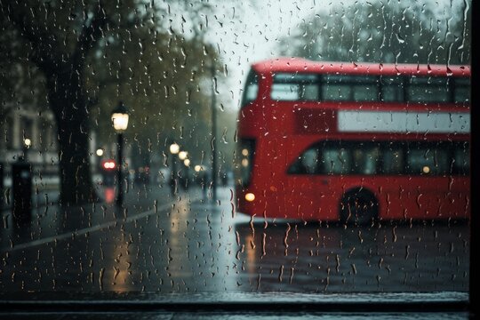 Raindrops covering a window with a blurred red double decker bus and city lights in the background
