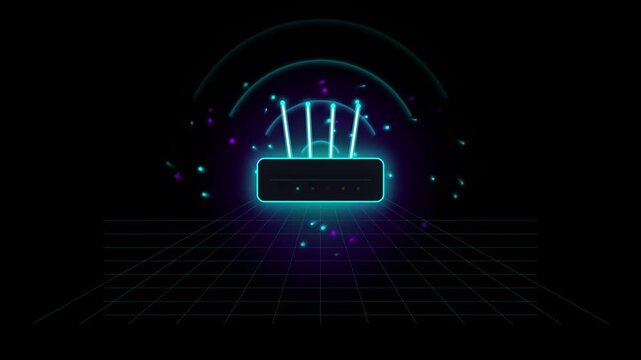 Neon glowing wifi router with four antennas emitting signals and colorful particles on a futuristic grid background, representing wireless internet connectivity and network technology