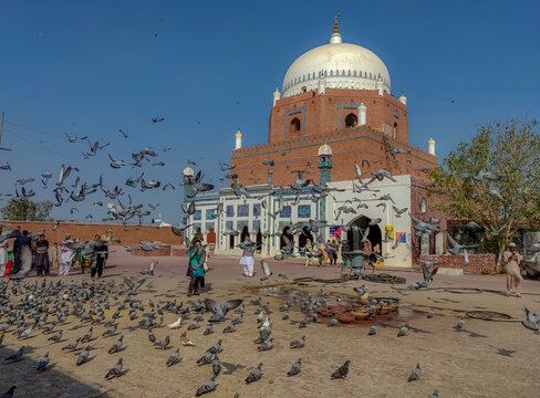 View of the historic Tomb of Hazrat Bahauddin Zakariya with a large flock of pigeons flying in the courtyard under a clear blue sky Multan, Punjab, Pakistan.