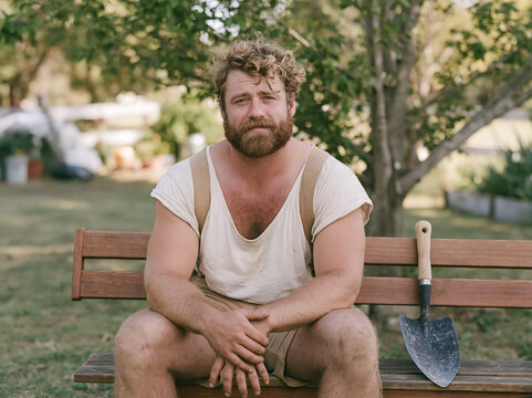 Handsome bearded man with curly hair sitting on a wooden bench outdoors in a garden with a shovel