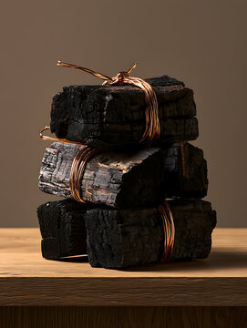 Dark, charred logs bound together with polished copper wire