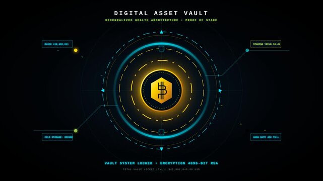 Digital Asset Vault Technology Interface Showing Cryptocurrency Security and Proof of Stake Data