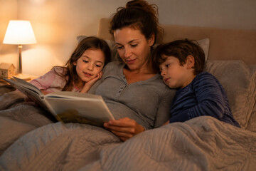 Fototapeta premium Mother reading bedtime story to two children