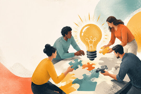 Creative teamwork building a bright shared idea