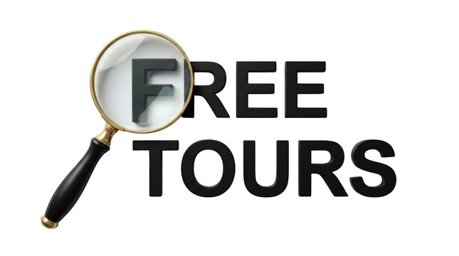 Magnifying glass over the letter f in the word free tours isolated on transparent background
