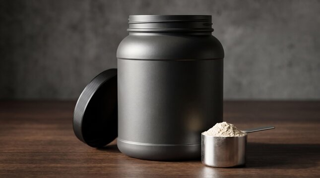 Matte black supplement jar with blank label and scoop of protein powder beside it. Perfect for fitness, nutrition, and product packaging mockups.