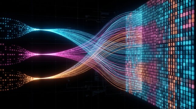 Abstract colorful data stream flowing into digital matrix grid for big data technology background