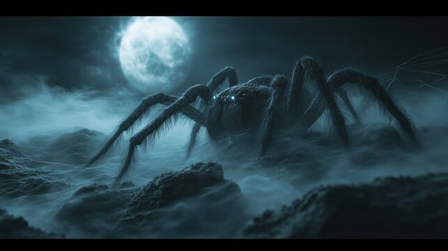 Huge, hairy spider monster stands on misty, rocky terrain under a full moon