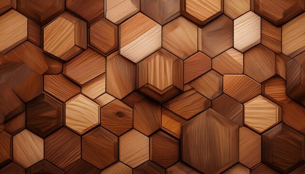abstract wooden seamless hexagonal mosaic tiles background with hexagons cubes in wooden texture generative ai