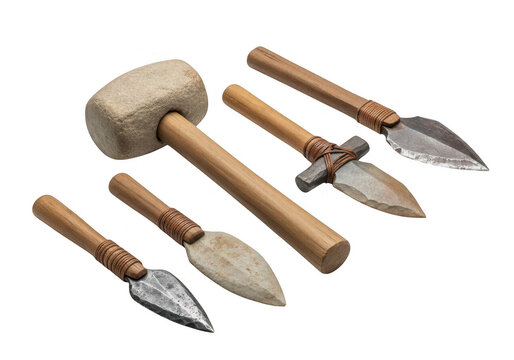 Stone age tools including hammerstone and flint arrowheads rest on transparent background