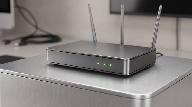 Generic dual band Wi Fi router with antennas and glowing status lights resting on brushed aluminum desk