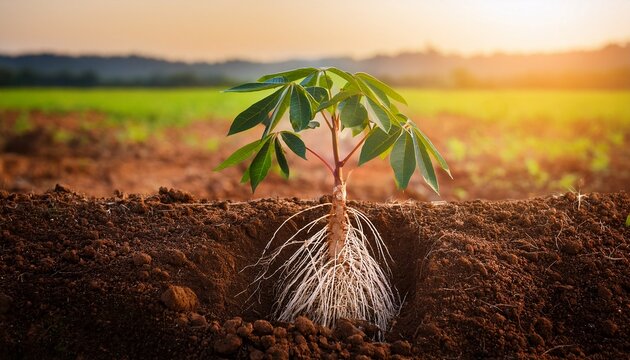 cassava plant roots exposed in soil agricultural farming concept