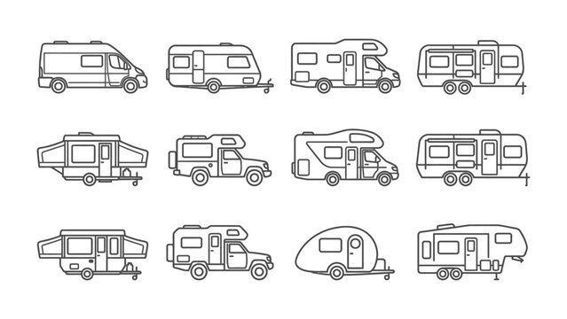 Camper Collection: An illustrated array showcasing a diverse selection of recreational vehicles, including various camper vans, travel trailers, and motorhomes.
